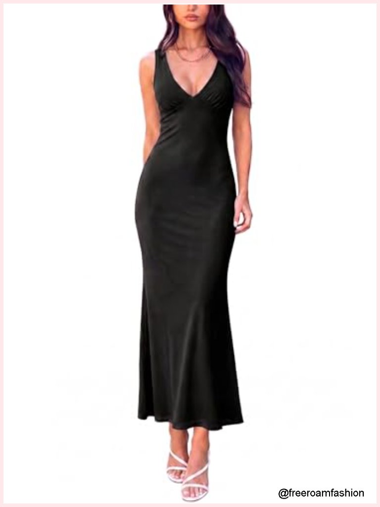 Mesh Sleeveless V Neck Bodycon Maxi Dress For Party Wedding Guest